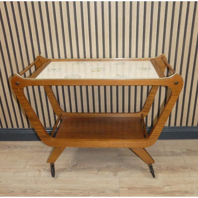 Mid-Century Modern Serving Trolley with Floral Wooden Tiles, 1950s For Sale - Image 3 of 10