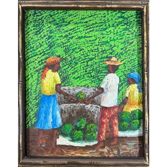 A vibrant original oil on canvas by Haitian artist Samuel Saint Louis, depicting a bustling open-air market where figures...