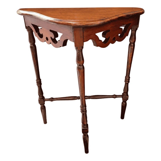 Early 20th Century Antique Mahogany Demilune Console Table With Fretwork Apron For Sale