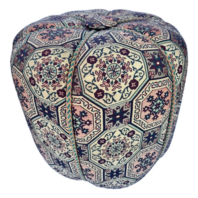 Moroccan Art Deco Style Pouf Upholstered in Moorish Textile Fabric Stool For Sale