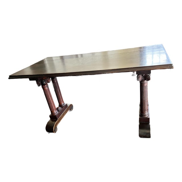 Neoclassical Double Pedestal Console Table With Fluted Columns – Ralph Lauren Style Mahogany Tr For Sale