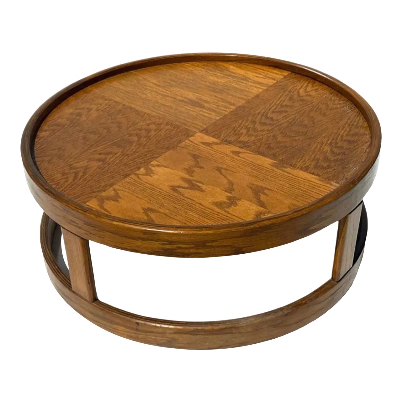 Vintage Mid Century Modern 1970s Large Parquet Circle Oak Coffee Table