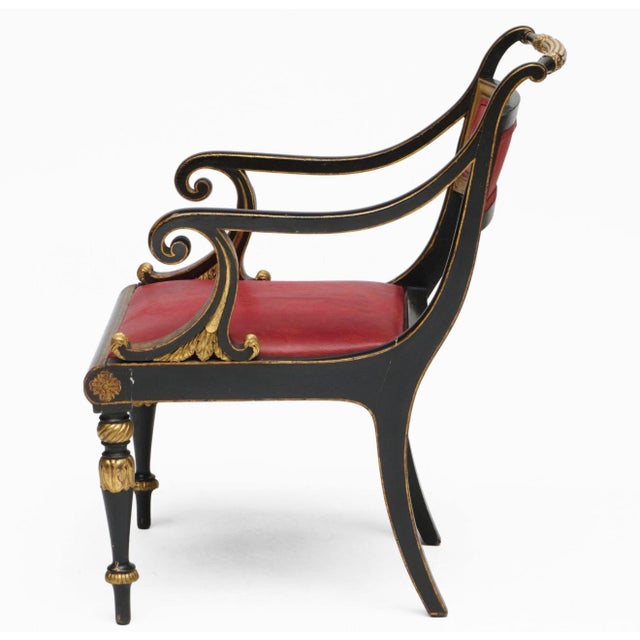 Early 19th Century Danish Parcel Gilt and Black With Red Leather Upholstery Empire Arm Chair. French Style For Sale - Image 4 of 7