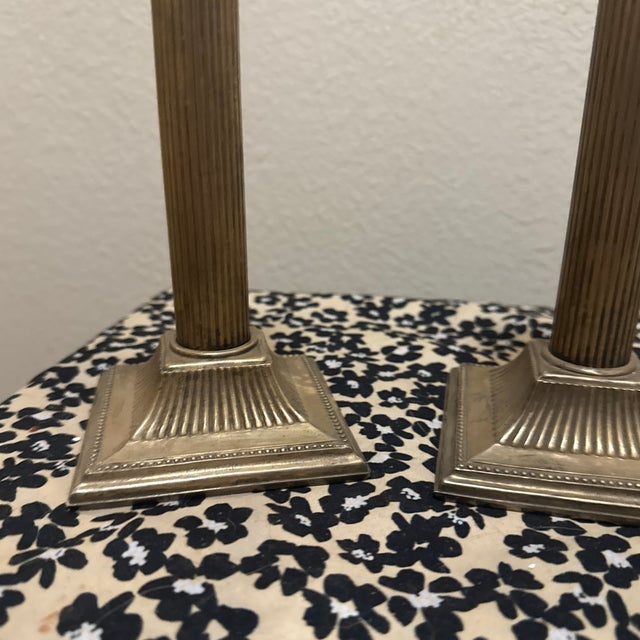 1970s Pair of Neoclassical Corinthian Column Brass Candlesticks For Sale - Image 5 of 7