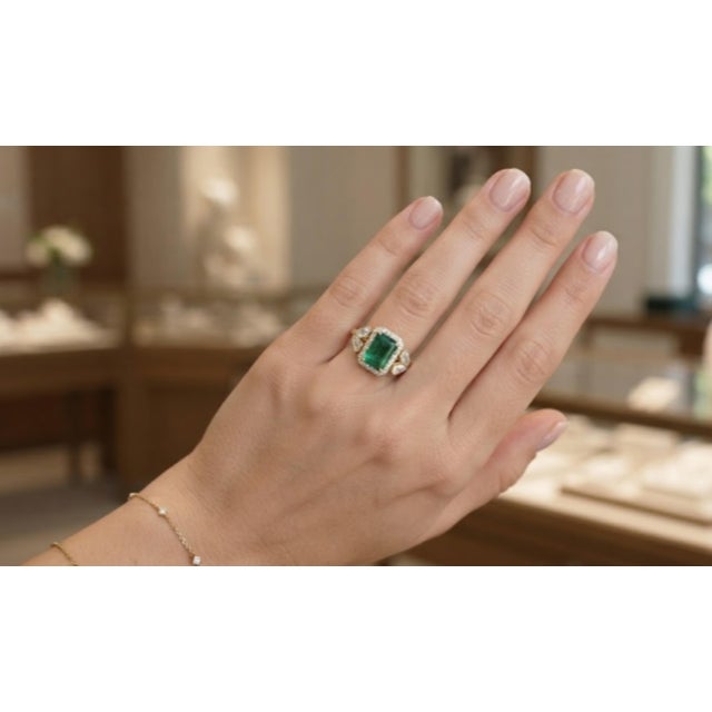 Metal Natural Emerald 2.06cts & Diamond 1.02cts Ring in 18k Gold, Size 3 For Sale - Image 7 of 8