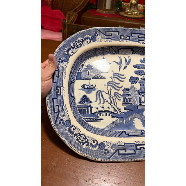 Antique Staffordshire Blue Willow Transfer Ironstone Oval Platter, Circa 1860s For Sale - Image 6 of 12