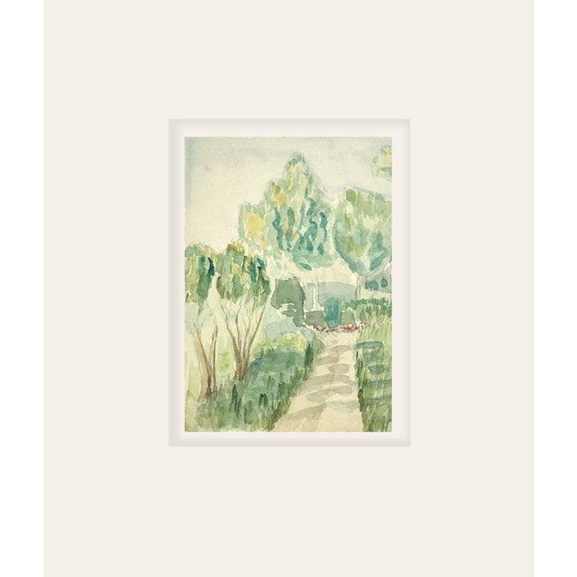 Small Early 1900's Antique French Impressionist Watercolor Landscape of Scenic Trees on Paper With Mat For Sale