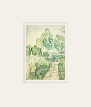 Small Early 1900's Antique French Impressionist Watercolor Landscape of Scenic Trees on Paper With Mat