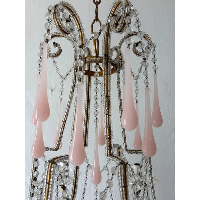 French Pink Opaline Murano Drops Rock Crystal Swags Chandelier, Circa 1920French Pink Opaline Murano Drops Rock Crystal Swags Chandelier, Circa 1920 For Sale - Image 4 of 13