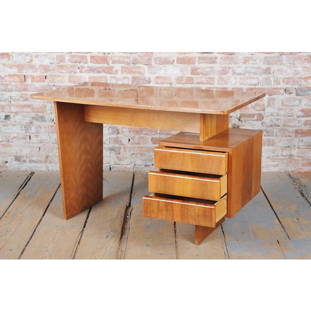 Mid-Century Walnut and Oak Writing Desk from B. Landsman, Czech, 1950s For Sale - Image 4 of 10