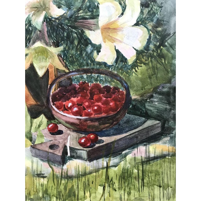 Dark Green Watercolor Painting Flowers and Fruits Unknown Artist For Sale - Image 8 of 11