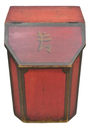 Antique British Colonial Red Painted Wooden Store Tea Coffee Bin W/ Asian Symbol