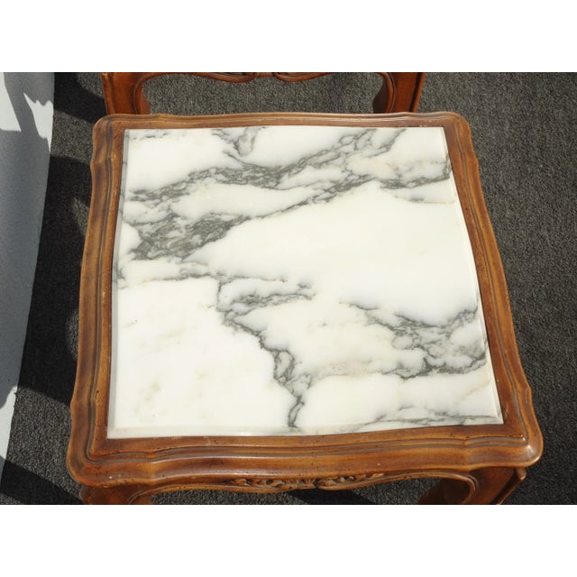 White Pair of Vintage French Provincial White Marble Top End Tables ~ Nightstands For Sale - Image 8 of 12