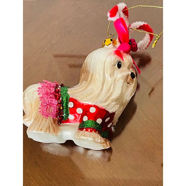 Shabby Chic 1970s Cute Shitzu Dog Christmas Ornament Figurine Glass For Sale - Image 3 of 4
