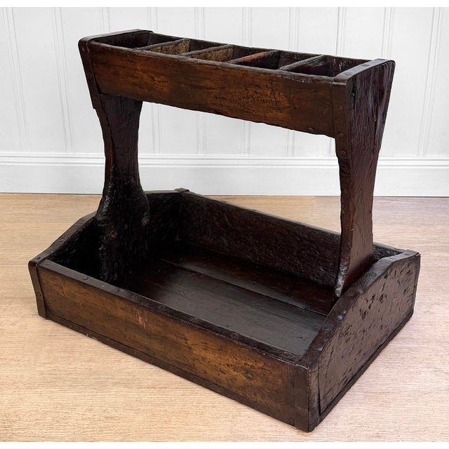 Farmhouse Antique Primitive Wood Iron Strapped Machinist Tool Chest Caddy For Sale - Image 3 of 14