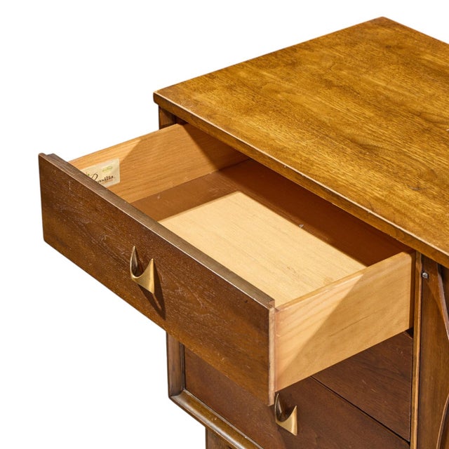 Wood Broyhill Brasilia Mid Century Walnut and Brass 9 Drawer Lowboy Dresser For Sale - Image 7 of 11