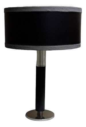 Vintage Table Lamp with Chrome-Plated Metal Foot & Glass Insert and with Black Synthetic Leather Covered Column and Umbrella, 1970s