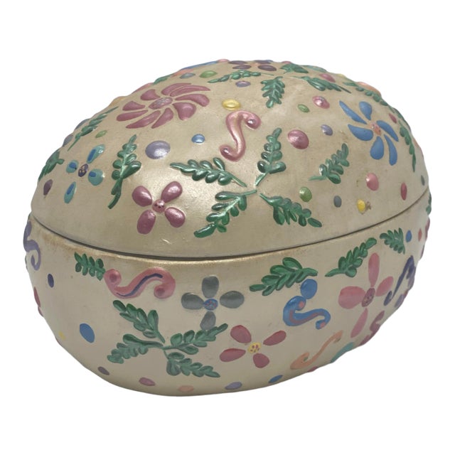 Vintage Black Bird Mold Inc. Hand Painted Multicolored Ceramic Egg Shaped Lidded Box For Sale