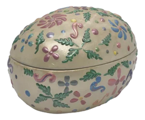 Vintage Black Bird Mold Inc. Hand Painted Multicolored Ceramic Egg Shaped Lidded Box