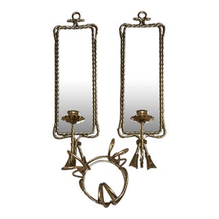 Vintage Hollywood Regency Mid-Century Modern Gold Twisted Metal Rope Tassel Mirrored Candle Sconces - 3 Pieces For Sale