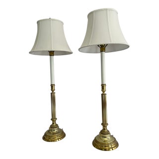 Mid 20th Century Tall Brass Candlestick Buffet Lamps- a Pair For Sale