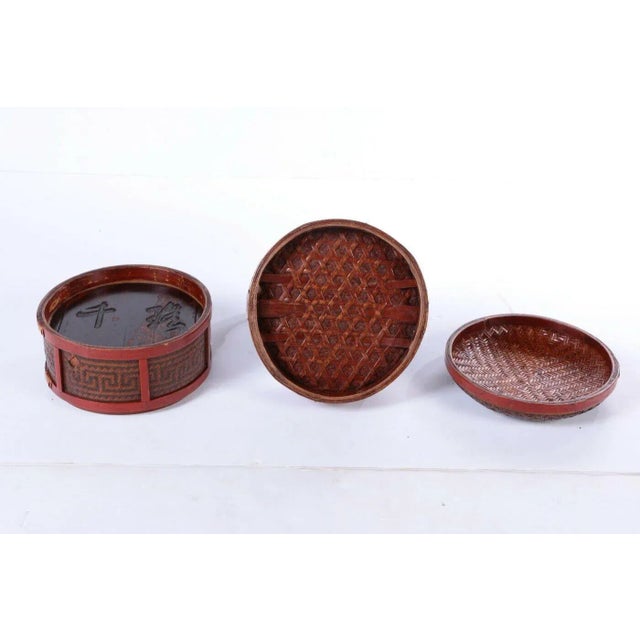Wood Antique Hand-Made Red Lacquer Chinese Covered Wedding Basket For Sale - Image 7 of 10