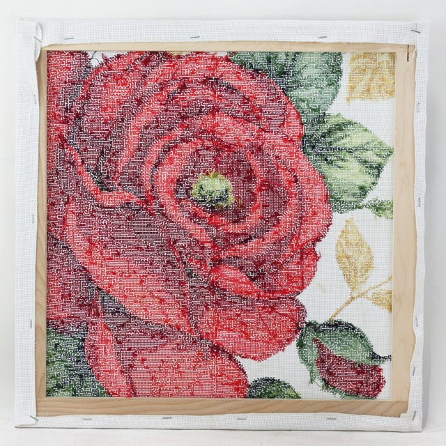 Red Vintage Floral Needlepoint Textile Art – Bold Red Rose Blossom and Botanical Leaf Motif For Sale - Image 8 of 9