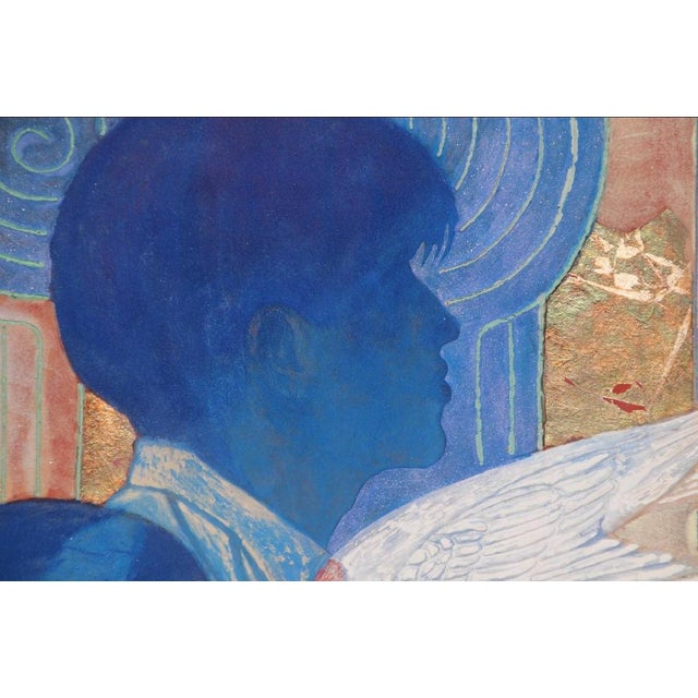 Medium Original Blue Mineral Pigment Painting Male Figures White Bird For Sale - Image 4 of 5