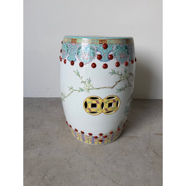 Hollywood Regency Vintage Chinese Famille Rose-Style Hand-Painted Porcelain Garden Stool With Pierced Cash-Coin Motifs For Sale - Image 3 of 12