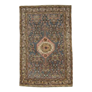 1900s Antique Medallion Geometric Floral Blue Brown Hand Knotted Wool Rug - 3’11” X 6’