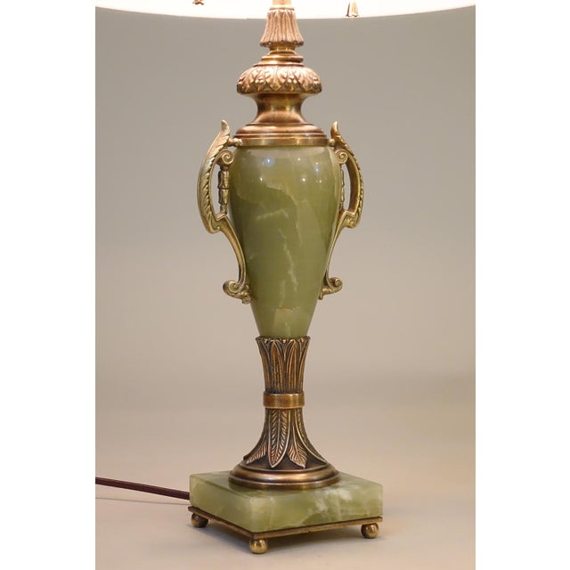 Mutual Sunset Lamp Co. French Empire Deco Neoclassical Green Onyx Marble Bronze Brass Table Lamps 1930's For Sale - Image 9 of 13