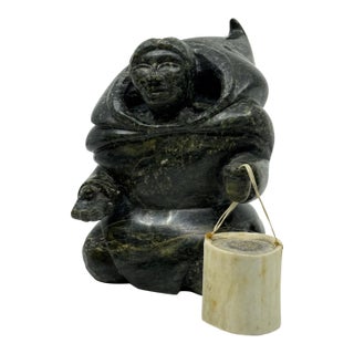Vintage Hand Carved Signed Inuit Serpentine Figure With Bucket- Archie Ishulutuq For Sale