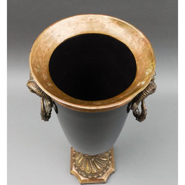 Antique Neoclassical French Gilt Bronze Black Ebony Porcelain Ram Head Vase Urn For Sale In Miami - Image 6 of 10