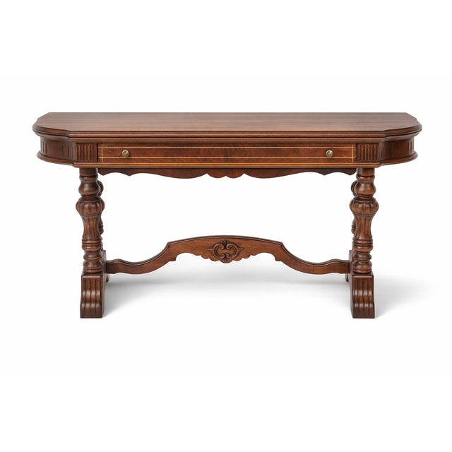 Beautiful antique console table. Beautiful Spanish Revival style with the bulbous Jacobean legs. Book matched burl walnut...