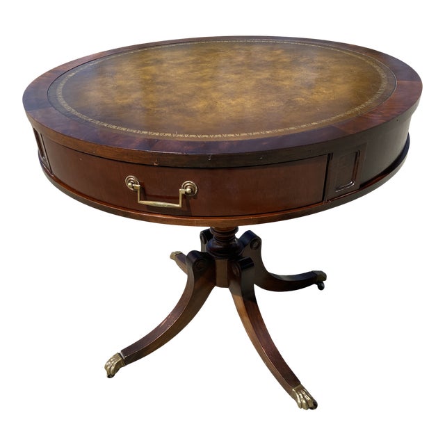 Mid 20th Century Sloan Style Leather Top Drum Table Wood Chairish