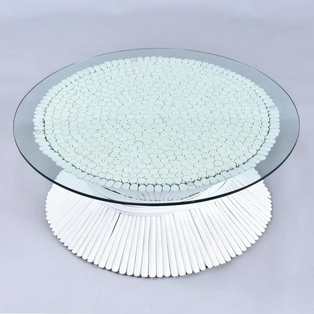 Wood McGuire Coastal White Rattan Wheat Sheaf Coffee Table With Round Glass For Sale - Image 7 of 13
