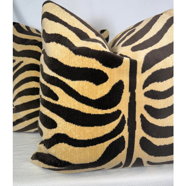 Transitional Schumacher "Ze'bre Epingle" in Brown/Beige 22" Pillows-a Pair For Sale - Image 3 of 3