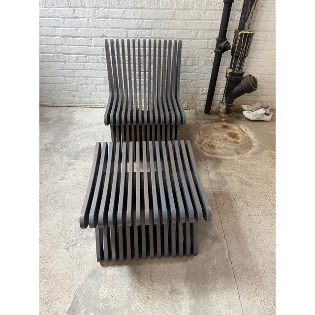 Postmodern Postmodern Sculptural Slatted Lounge Chair and Matching Ottoman in Charcoal Gray, Circa 1990s For Sale - Image 3 of 9