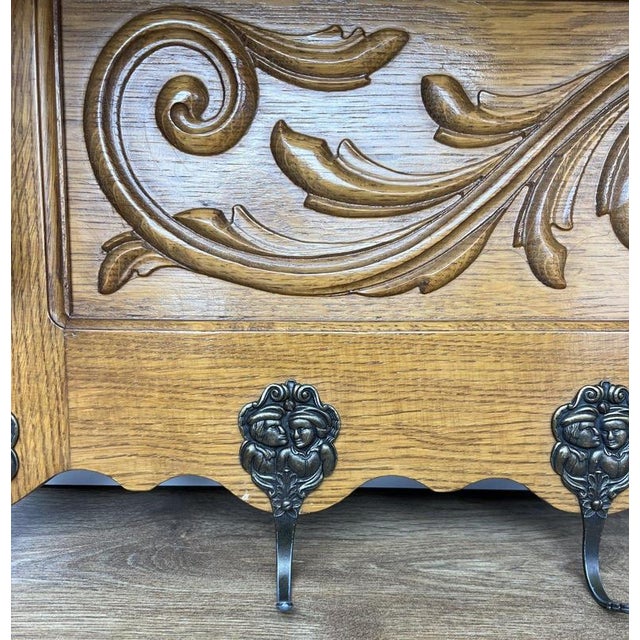 Vintage French Carved Oak 7-Hook Wall Coat Rack For Sale - Image 6 of 10