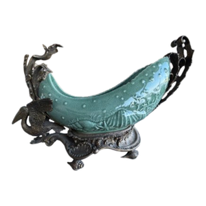 Decorative Glazed Ceramic Celadon Centerpiece Bowl With a Very Distinctive, Sculptural Design and Metal Sculptural Details
