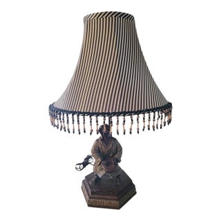 Vintage Regency Monkey Playing a Drum With Gold Robe, Hat Table Lamp Striped Black Gold Shade For Sale