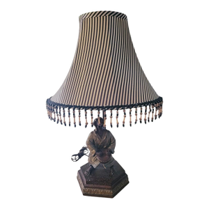 Vintage Regency Monkey Playing a Drum With Gold Robe, Hat Table Lamp Striped Black Gold Shade