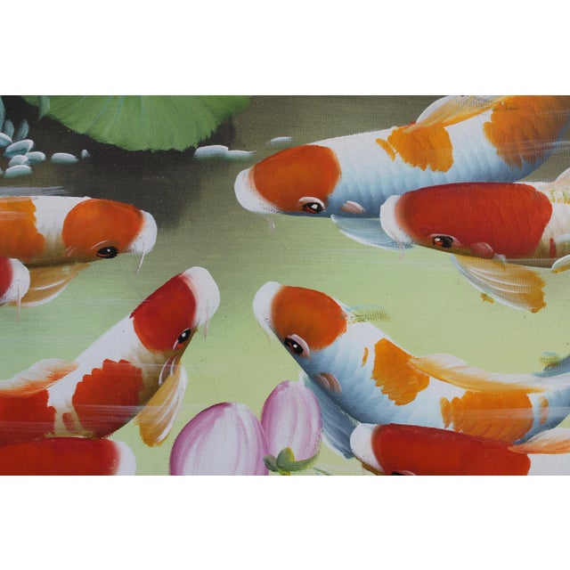 Vintage Colorful Acrylic Hand Painted Koi Fish Framed & Matte Painting For Sale In Miami - Image 6 of 8