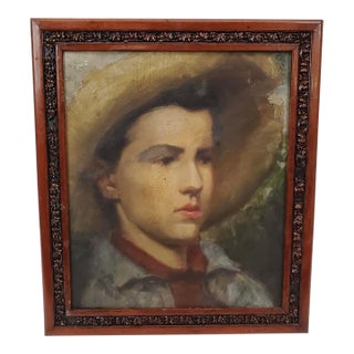 Antique Oil Portrait of a Young Boy in a Straw Hat For Sale