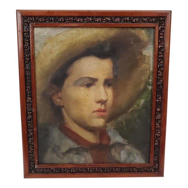 Antique Oil Portrait of a Young Boy in a Straw Hat For Sale