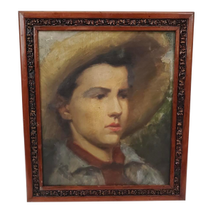 Antique Oil Portrait of a Young Boy in a Straw Hat