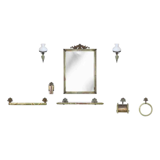 Vintage Bathroom Set in Green Marble, Italy, Early 20th Century, Set of 8 For Sale