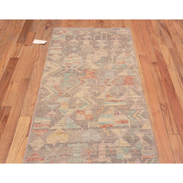 Grey Pastel Color Tribal Primitive Geometric Modern Hallway Runner Rug, Country Of Origin: Central Asia, Circa Date:...