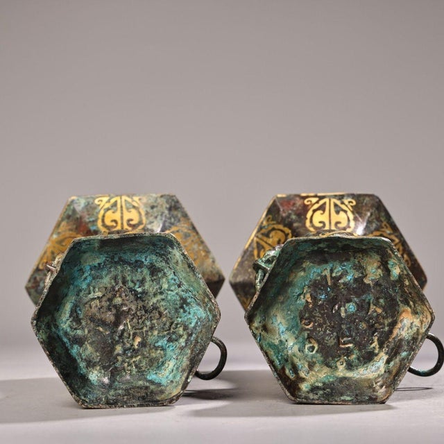 Pair of Vintage Bronze Vases With Gold Inlay - Archaic Style Gu Vessels For Sale - Image 4 of 10
