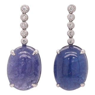 Oval Cabochon Sapphire and Diamond Platinum Drop Earrings - Fei Liu, Pair For Sale